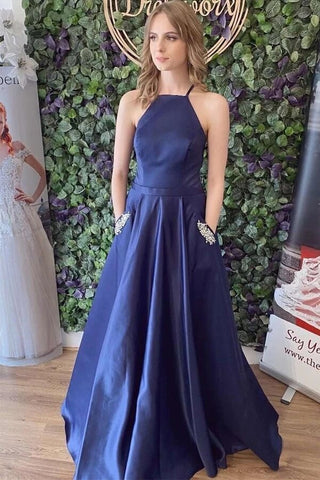 A-line Satin  Lace Up Back Simple Prom Dresses With Pockets