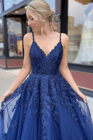 Long Tulle Lace A-line V-neck Formal Prom  Dresses