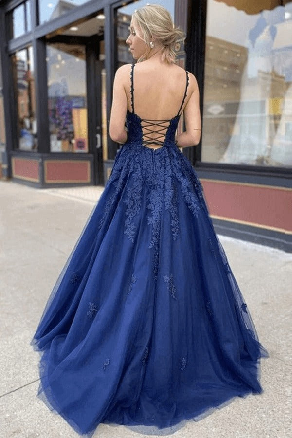 Long Tulle Lace A-line V-neck Formal Prom  Dresses
