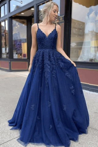 Long Tulle Lace A-line V-neck Formal Prom  Dresses