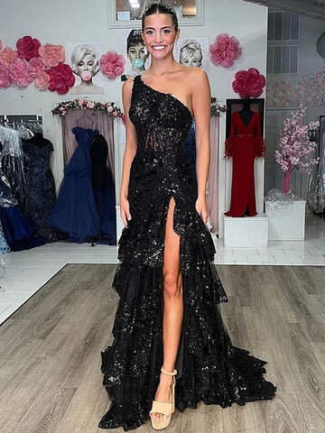 Tiered Lace Sheath One Shoulder  Long Prom Dress