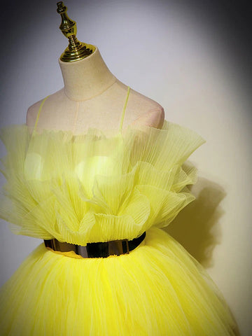 Yellow tulle A Line Floor Length long prom dresses,formal evening dresses