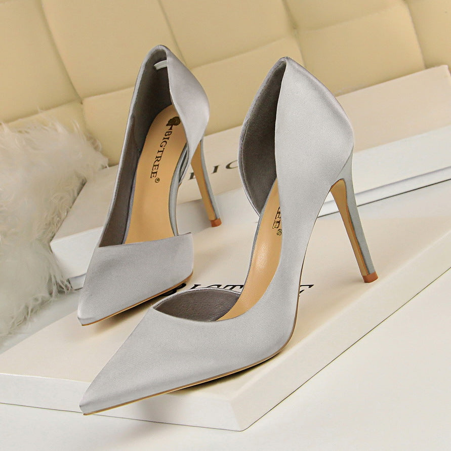 Satin shallow mouth pointed side hollow sexy women's high heels