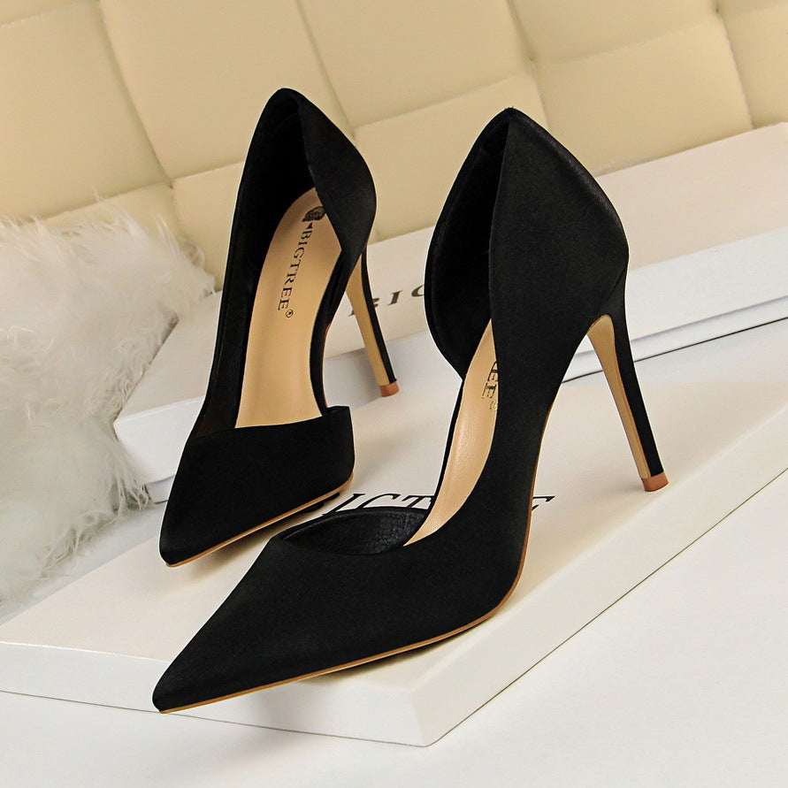 Satin shallow mouth pointed side hollow sexy women's high heels
