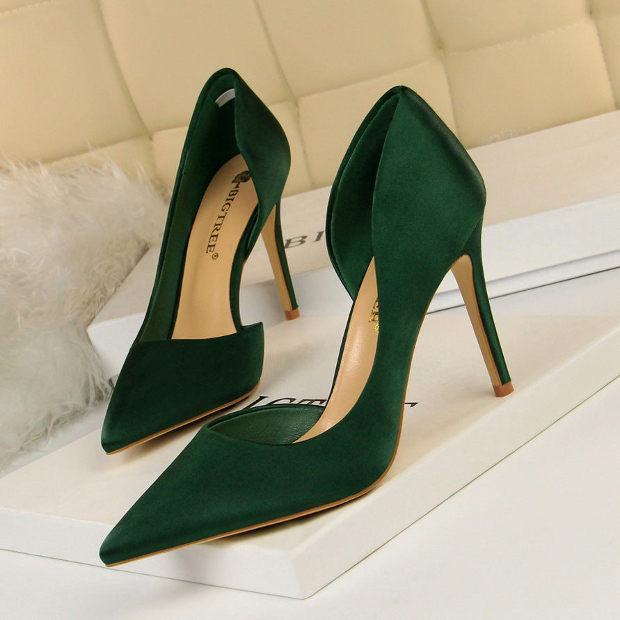 Satin shallow mouth pointed side hollow sexy women's high heels