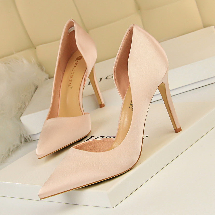 Satin shallow mouth pointed side hollow sexy women's high heels