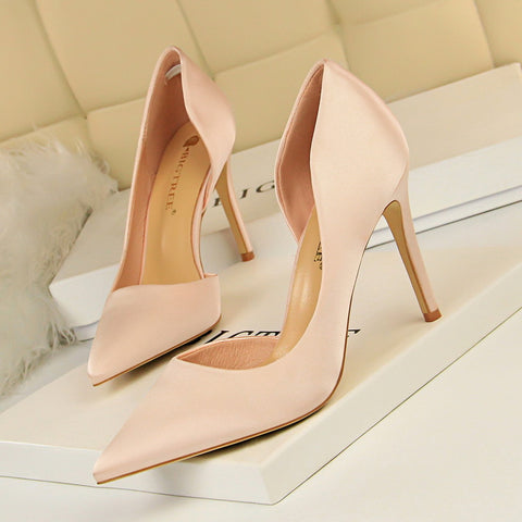Satin shallow mouth pointed side hollow sexy women's high heels