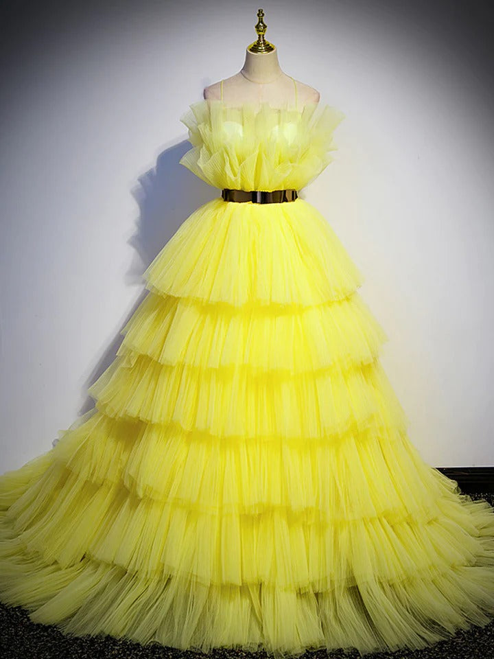 Yellow tulle A Line Floor Length long prom dresses,formal evening dresses