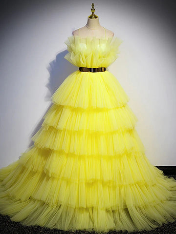 Yellow tulle A Line Floor Length long prom dresses,formal evening dresses