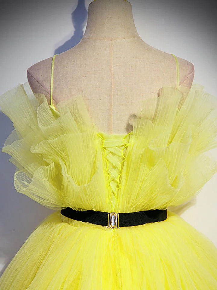 Yellow tulle A Line Floor Length long prom dresses,formal evening dresses