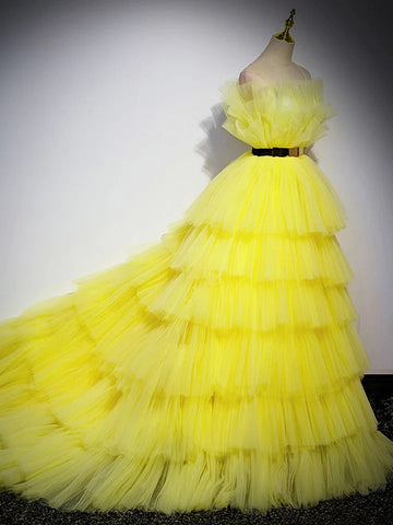 Yellow tulle A Line Floor Length long prom dresses,formal evening dresses