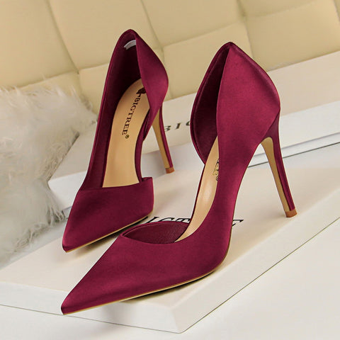 Satin shallow mouth pointed side hollow sexy women's high heels