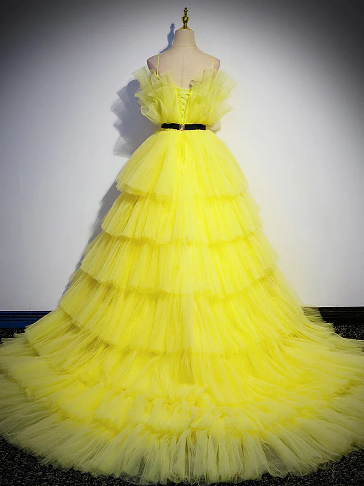 Yellow tulle A Line Floor Length long prom dresses,formal evening dresses