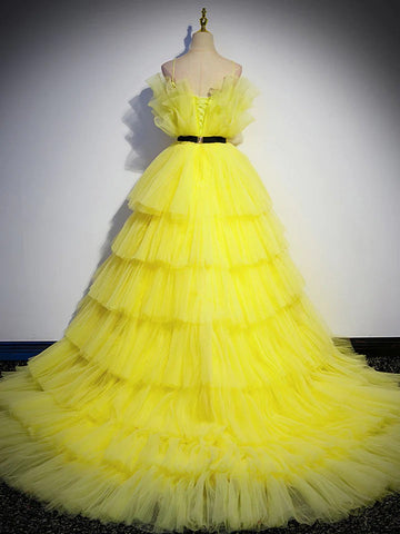Yellow tulle A Line Floor Length long prom dresses,formal evening dresses