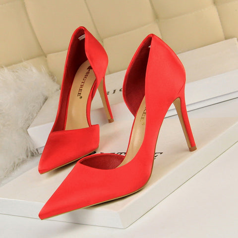 Satin shallow mouth pointed side hollow sexy women's high heels