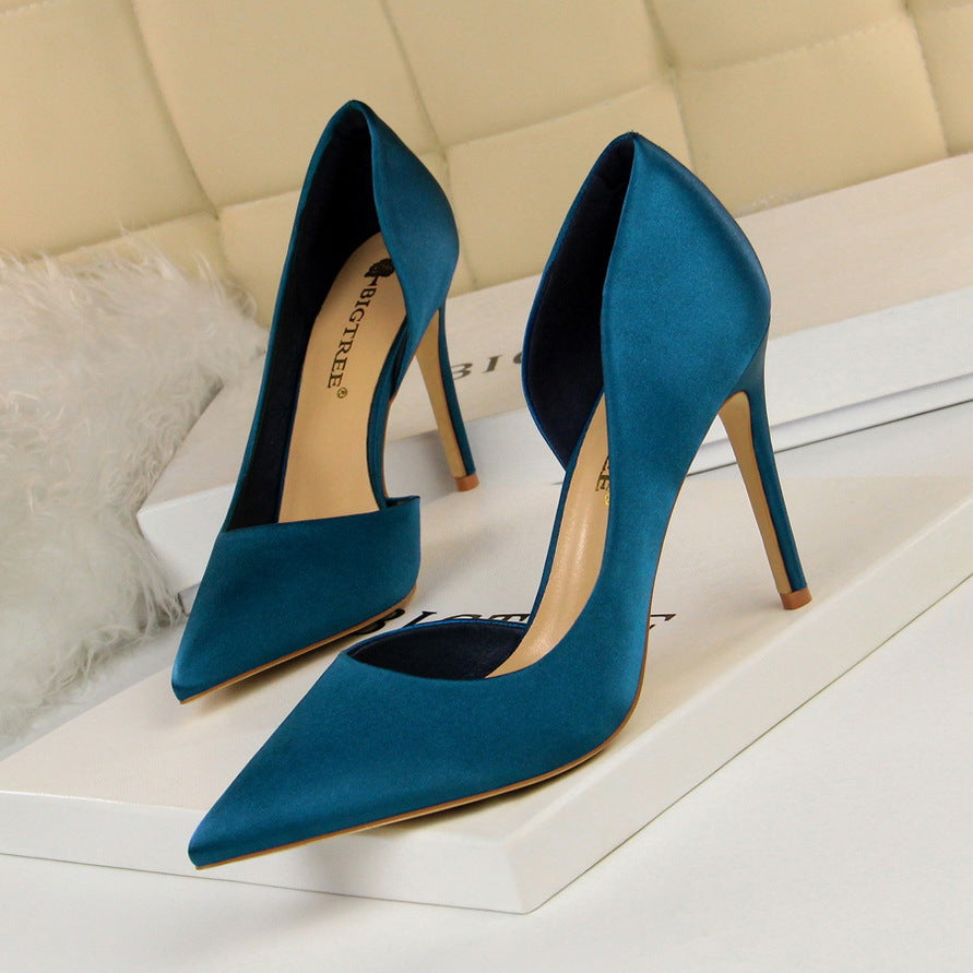 Satin shallow mouth pointed side hollow sexy women's high heels