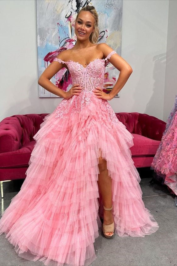 Sheer Bodice Ruffle Off the Shoulder Tulle Prom Dress