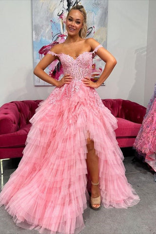 Sheer Bodice Ruffle Off the Shoulder Tulle Prom Dress