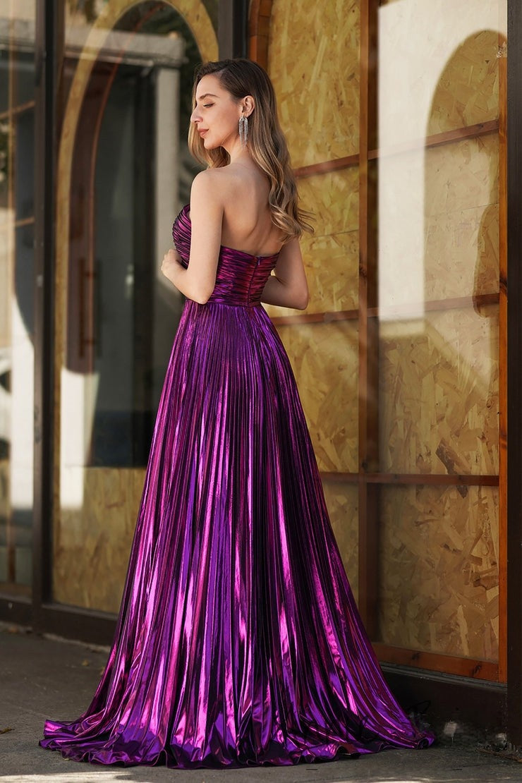 Glamorous Strapless Shiny Purple Pleated Evening Gown with Front Slit Prom Dress, PR002
