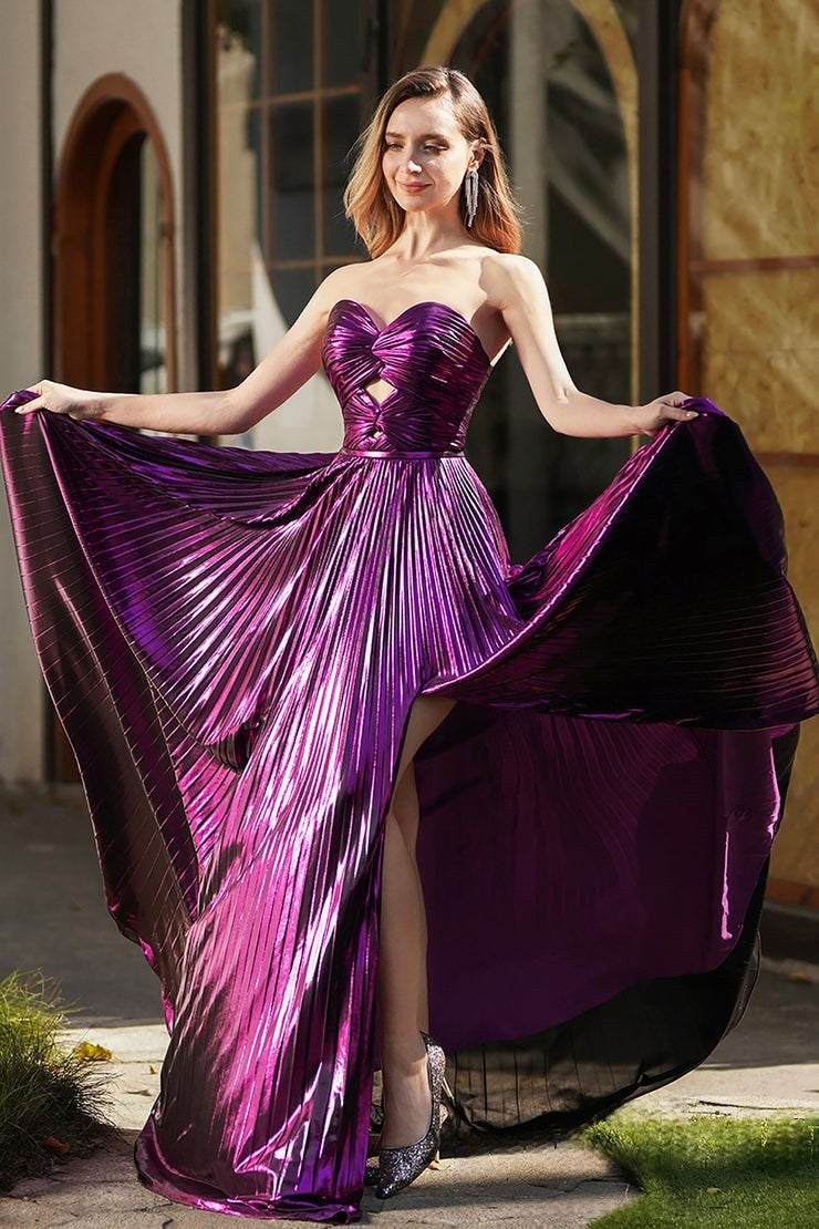 Glamorous Strapless Shiny Purple Pleated Evening Gown with Front Slit Prom Dress, PR002