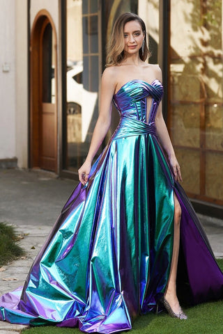 Stunning Strapless Iridescent Pleated Evening Gown with Front Slit Prom Dress, PR004