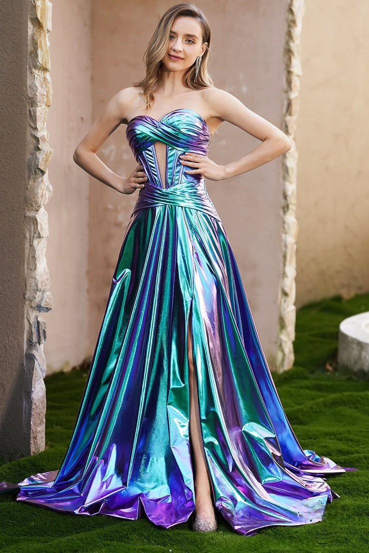 Stunning Strapless Iridescent Pleated Evening Gown with Front Slit Prom Dress, PR004