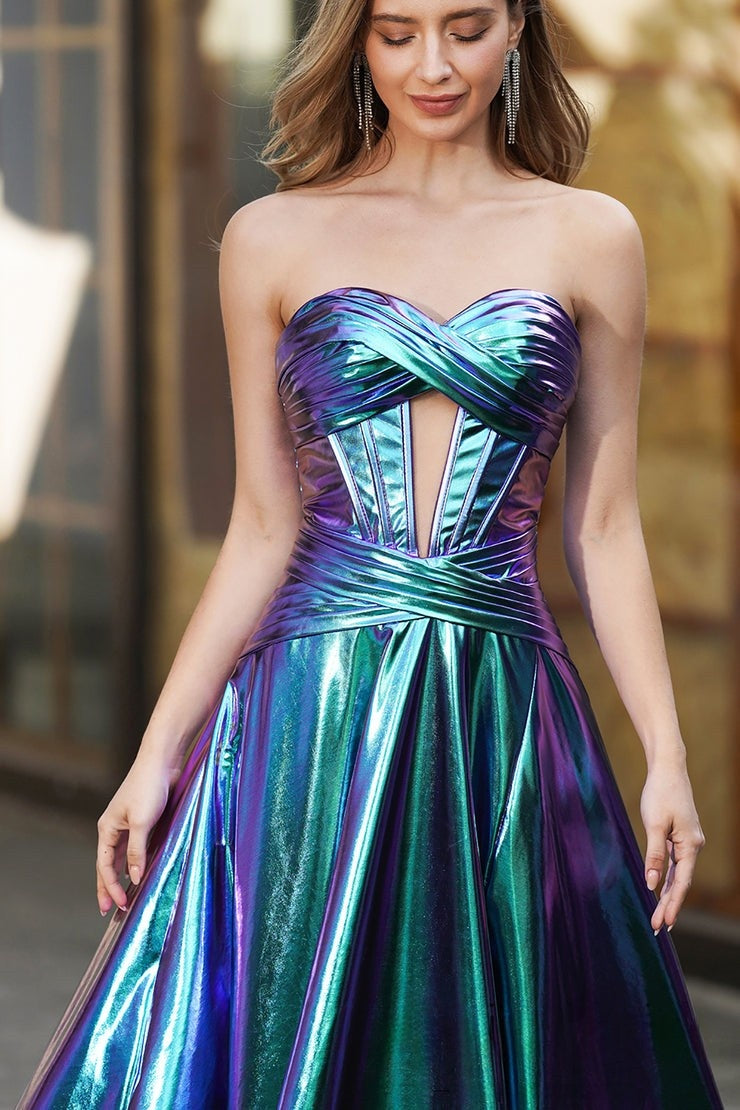 Stunning Strapless Iridescent Pleated Evening Gown with Front Slit Prom Dress, PR004