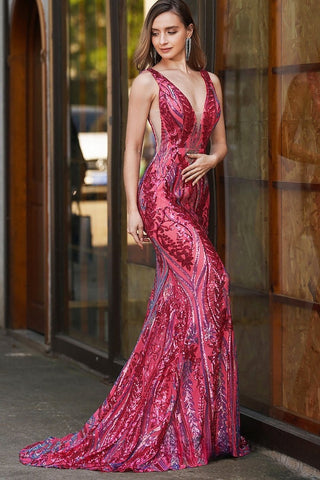 Glamorous Sleeveless Deep V - Neck Red Embroidered Mermaid Evening Gown Prom Dress, PR011
