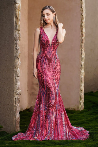 Glamorous Sleeveless Deep V - Neck Red Embroidered Mermaid Evening Gown Prom Dress, PR011