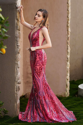 Glamorous Sleeveless Deep V - Neck Red Embroidered Mermaid Evening Gown Prom Dress, PR011