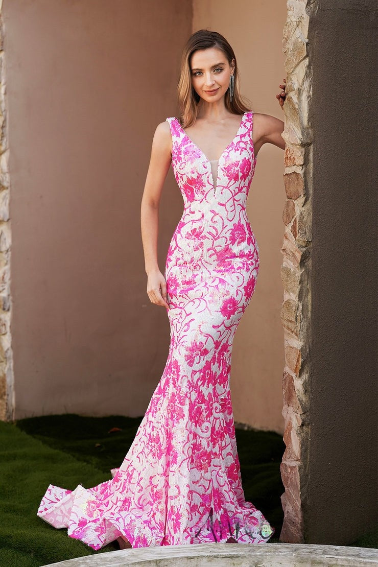 Glamorous Sleeveless Pink Floral - Embroidered Mermaid Evening Gown Prom Dress, PR013