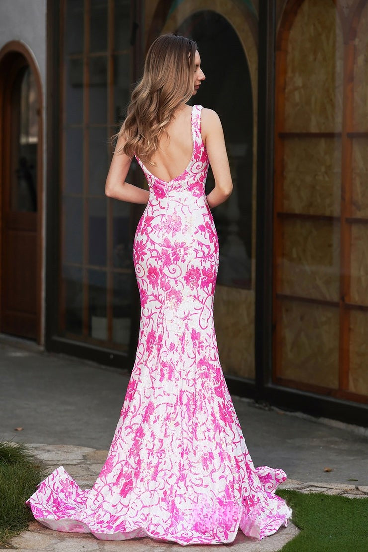 Glamorous Sleeveless Pink Floral - Embroidered Mermaid Evening Gown Prom Dress, PR013