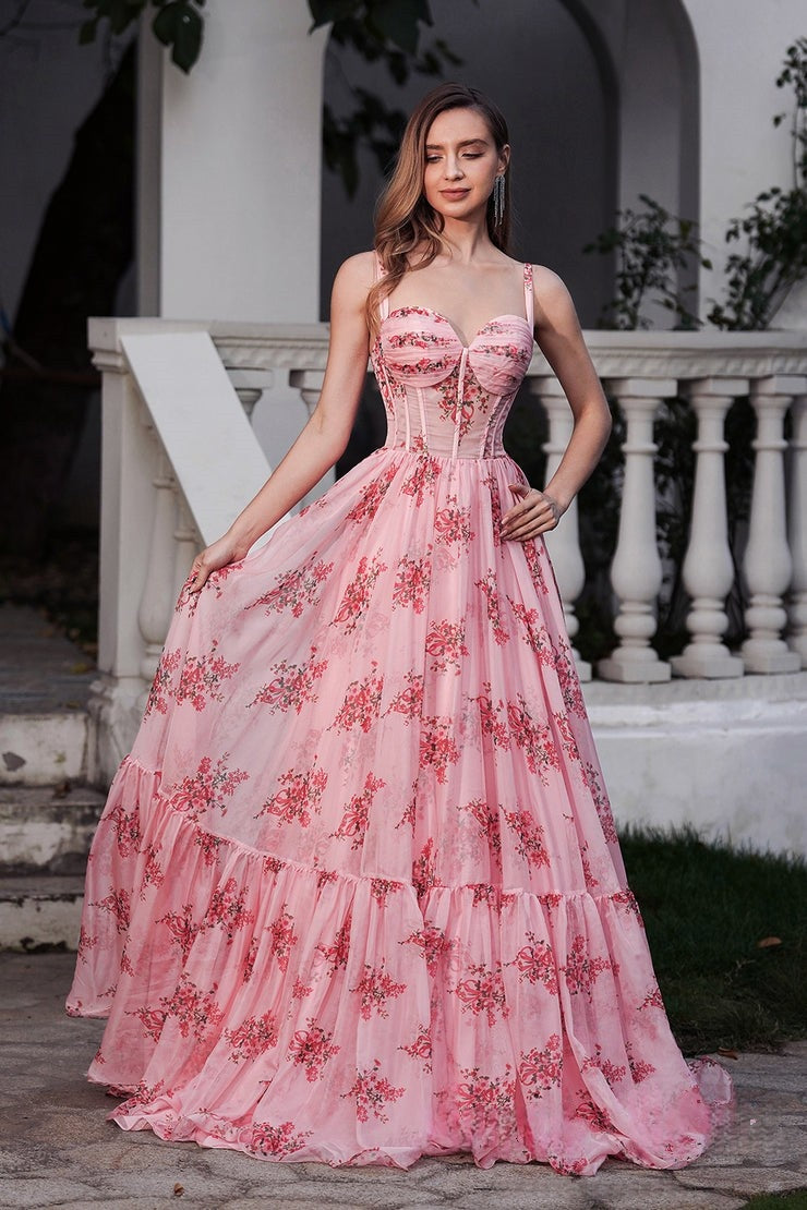 Romantic Spaghetti Strap Pink Floral - Print Ball - Gown Evening Dress, PR017