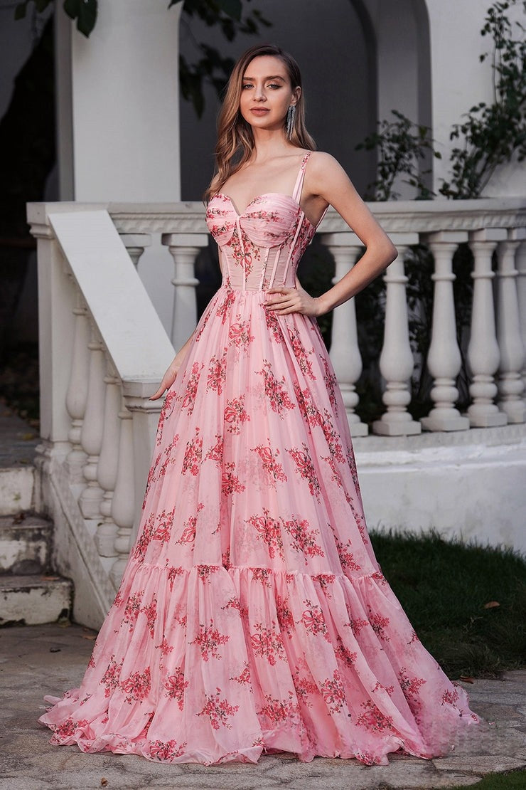 Romantic Spaghetti Strap Pink Floral - Print Ball - Gown Evening Dress, PR017
