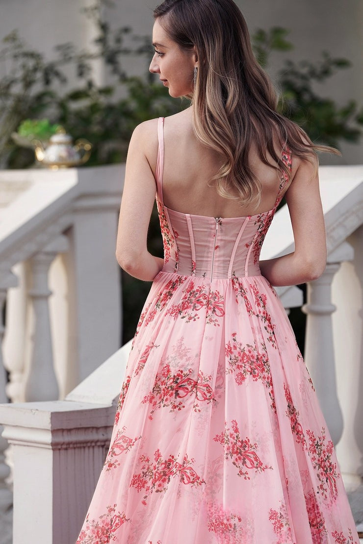 Romantic Spaghetti Strap Pink Floral - Print Ball - Gown Evening Dress, PR017