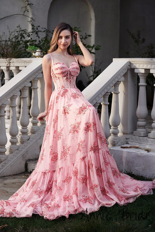 Romantic Spaghetti Strap Pink Floral - Print Ball - Gown Evening Dress, PR017