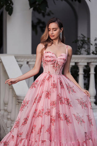 Romantic Spaghetti Strap Pink Floral - Print Ball - Gown Evening Dress, PR017