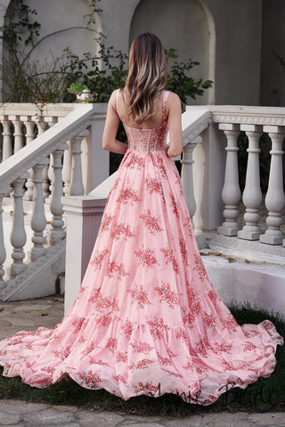 Romantic Spaghetti Strap Pink Floral - Print Ball - Gown Evening Dress, PR017
