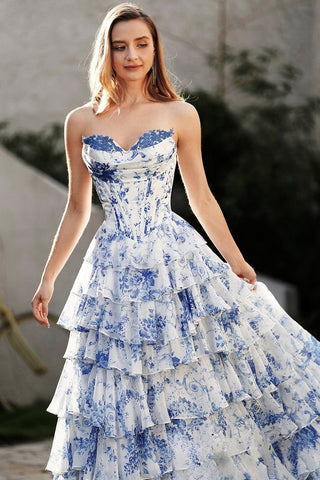 Romantic Strapless Blue Floral - Blue Corset - Style Tiered High - Low Evening Gown Prom Dress, PR018