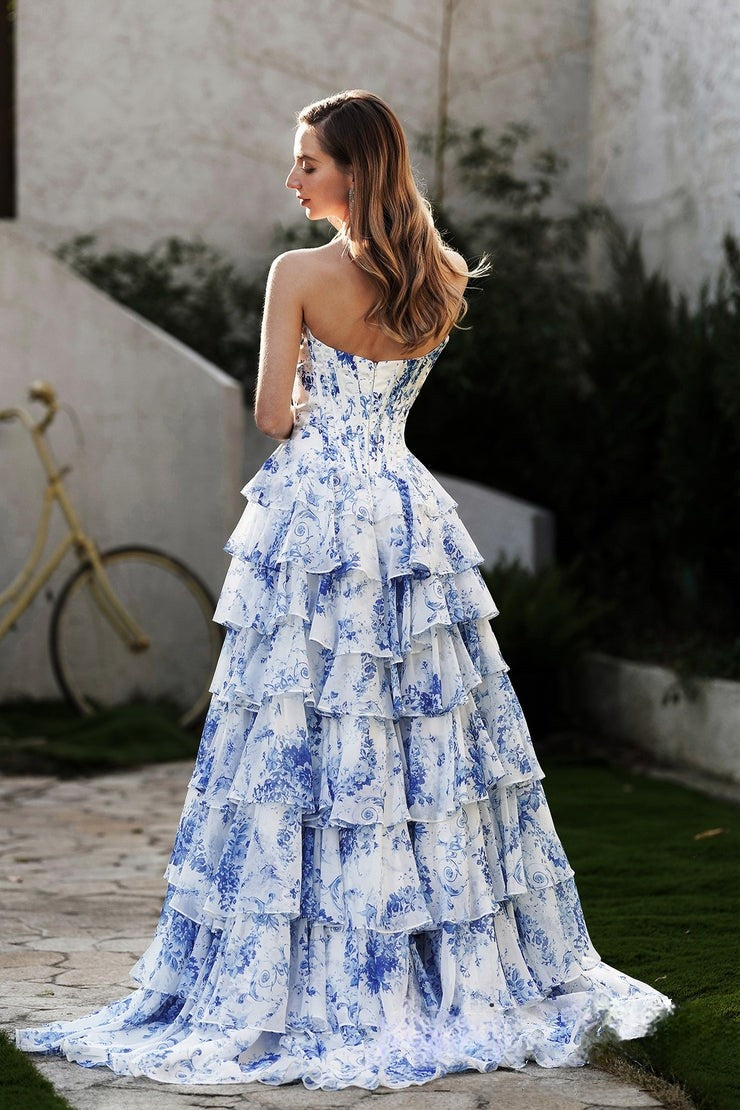 Romantic Strapless Blue Floral - Blue Corset - Style Tiered High - Low Evening Gown Prom Dress, PR018