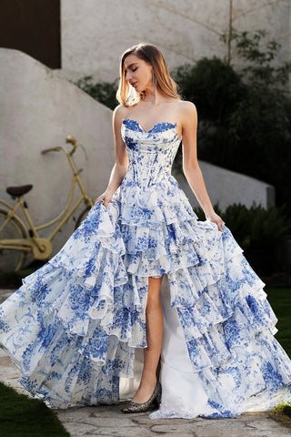 Romantic Strapless Blue Floral - Blue Corset - Style Tiered High - Low Evening Gown Prom Dress, PR018