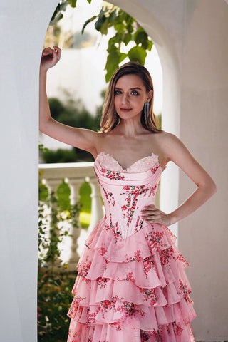 Romantic Strapless Pink Floral - Print Corset - Style Tiered High - Low Evening Gown Prom Dress, PR019
