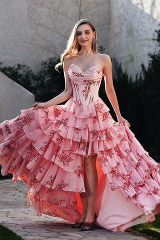Romantic Strapless Pink Floral - Print Corset - Style Tiered High - Low Evening Gown Prom Dress, PR019