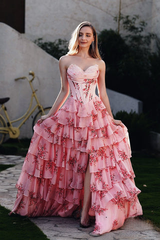 Romantic Strapless Pink Floral - Print Corset - Style Tiered High - Low Evening Gown Prom Dress, PR019