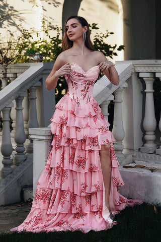 Romantic Strapless Pink Floral - Print Corset - Style Tiered High - Low Evening Gown Prom Dress, PR019
