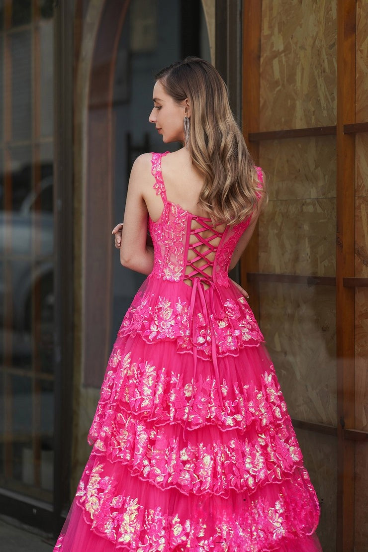 Glamorous Spaghetti Strap Hot Pink Floral - Embroidered Tiered High - Low Evening Gown with Slit Prom Dress, PR020