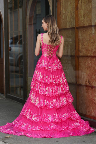 Glamorous Spaghetti Strap Hot Pink Floral - Embroidered Tiered High - Low Evening Gown with Slit Prom Dress, PR020
