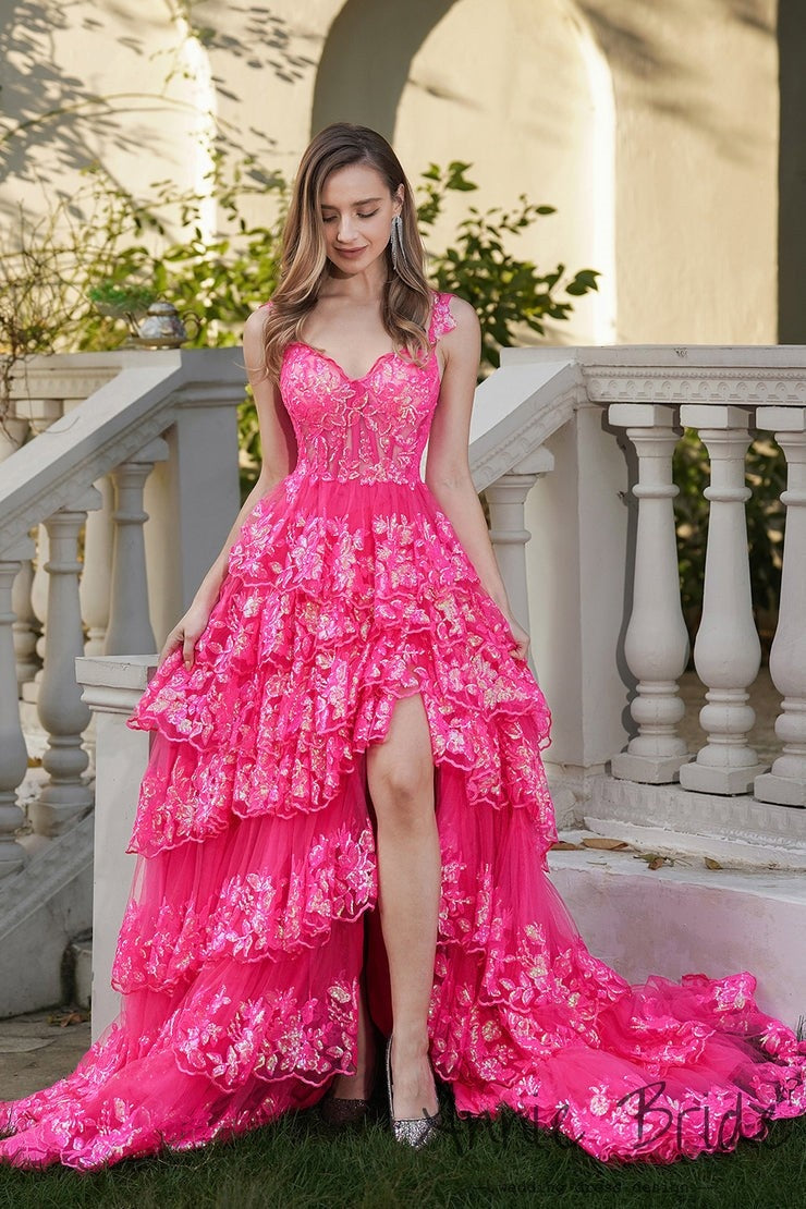 Glamorous Spaghetti Strap Hot Pink Floral - Embroidered Tiered High - Low Evening Gown with Slit Prom Dress, PR020