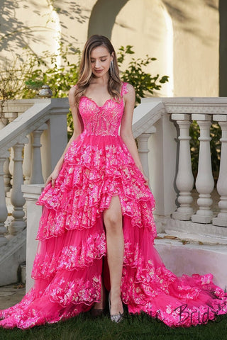 Glamorous Spaghetti Strap Hot Pink Floral - Embroidered Tiered High - Low Evening Gown with Slit Prom Dress, PR020