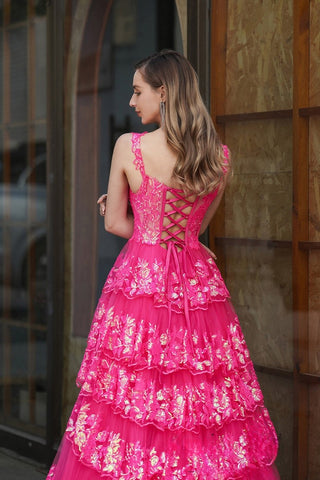 Glamorous Spaghetti Strap Hot Pink Floral - Embroidered Tiered High - Low Evening Gown with Slit Prom Dress, PR020